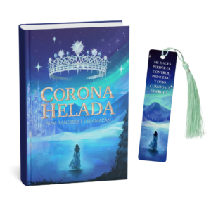Portada del libro Corona Helada de Aina Sánchez i Velamazán junto a marcapáginas exclusivo con borla.