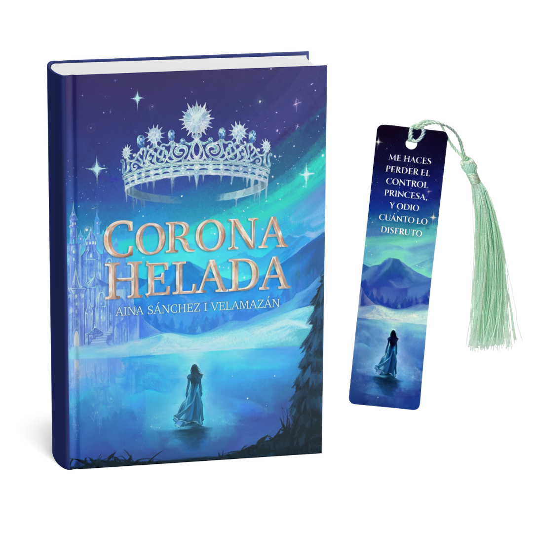 Portada del libro Corona Helada de Aina Sánchez i Velamazán junto a marcapáginas exclusivo con borla.