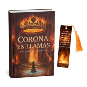 Portada del libro Corona en Llamas de Aina Sánchez i Velamazán junto a marcapáginas exclusivo con borla.