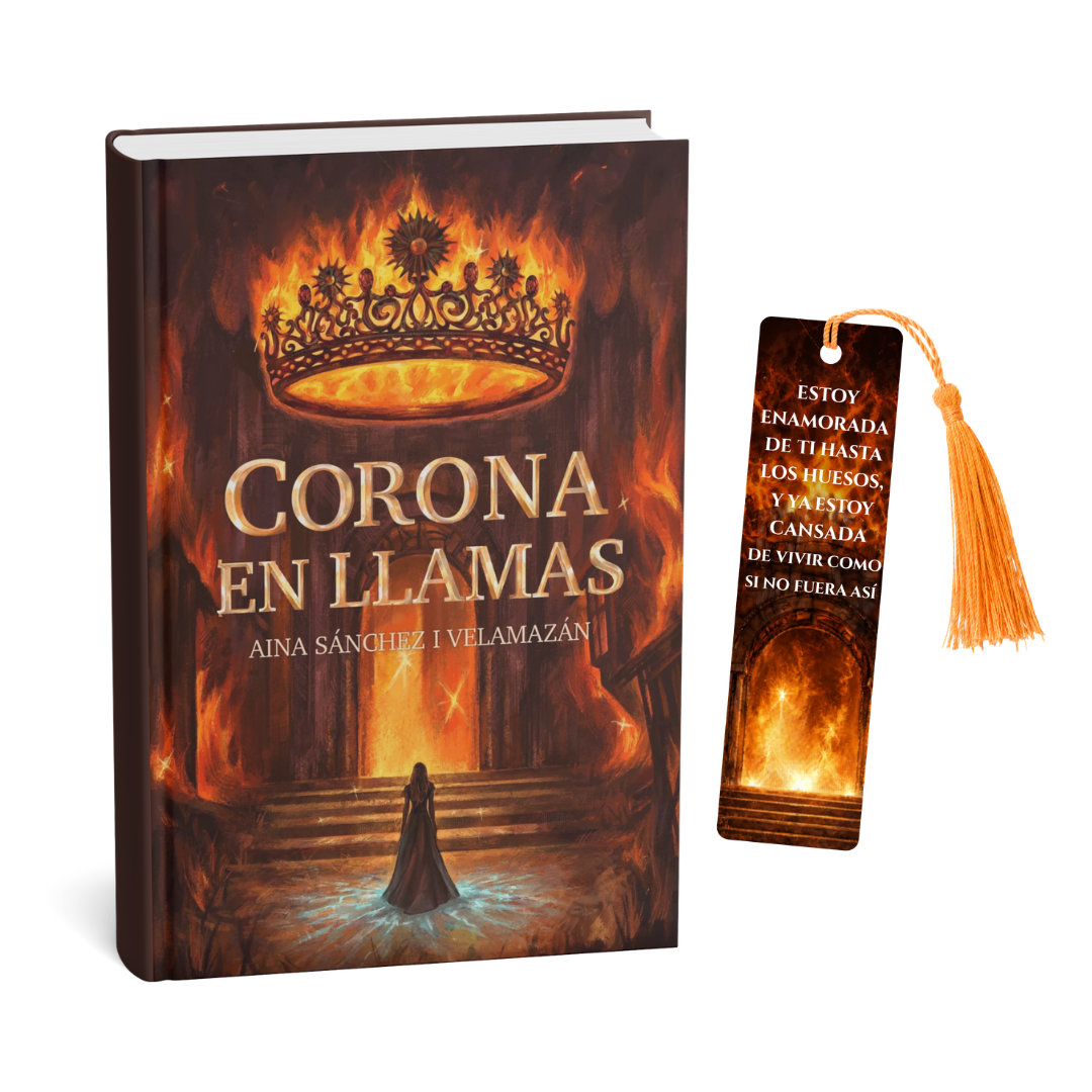 Portada del libro Corona en Llamas de Aina Sánchez i Velamazán junto a marcapáginas exclusivo con borla.